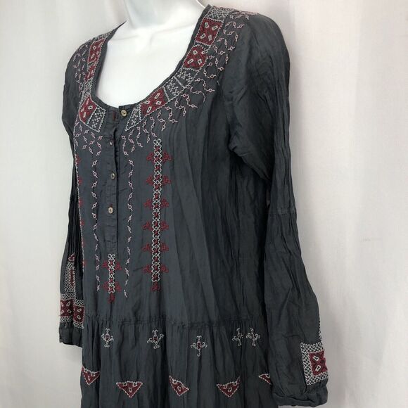 Johnny Was 3J Workshop Gray Embroidered Silk Womens Medium Boho Peasant Dress M - Picture 6 of 16